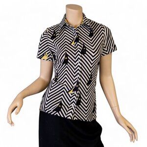 Vintage 1970s Chevron Star Pop Art Print Blouse – Black, White, and Gold * Small
